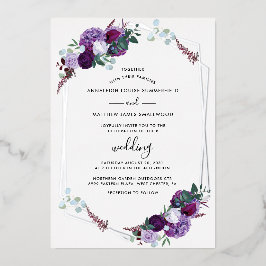 Invitación Con Relieve Metalizado Floral Morado de Foliaje Geométrico Boda Plata