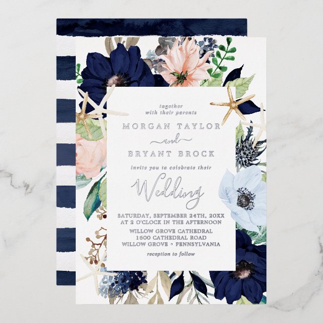 Invitación Con Relieve Metalizado Floral náutica moderna | BODA RELIEVE METALIZADO P (Anverso/Reverso)