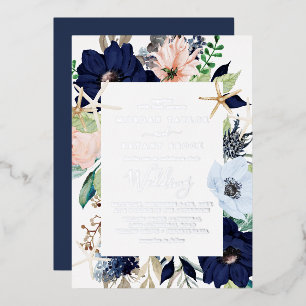Invitación Con Relieve Metalizado Floral Náutico Moderno Boda Naval de Hoja de Pla