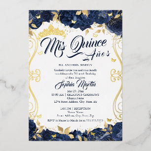 Invitación Con Relieve Metalizado Floral Navy Jardín Quinceañera de Oro Mis Quince