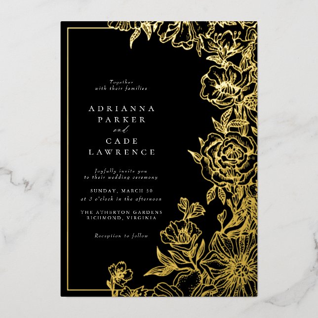 Invitación Con Relieve Metalizado Floral negra y dorada | Boda Moody formal (Anverso)