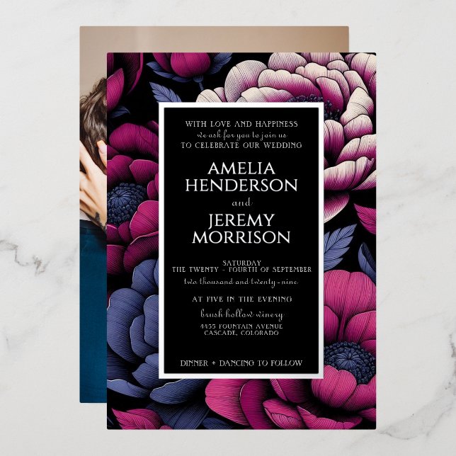 Invitación Con Relieve Metalizado Floral negrita rosa con foto (Anverso/Reverso)