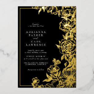 Invitación Con Relieve Metalizado Floral Negro y Dorado   Boda Formal y Melancólica