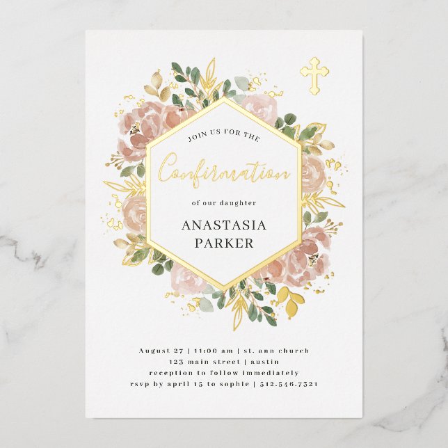 Invitación Con Relieve Metalizado Floral neutra elegante | Oro de confirmación (Anverso)