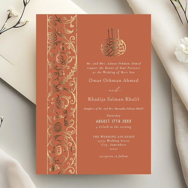 Invitación Con Relieve Metalizado Floral Ornate Orange and Gold Islamic Wedding (Subido por el creador)