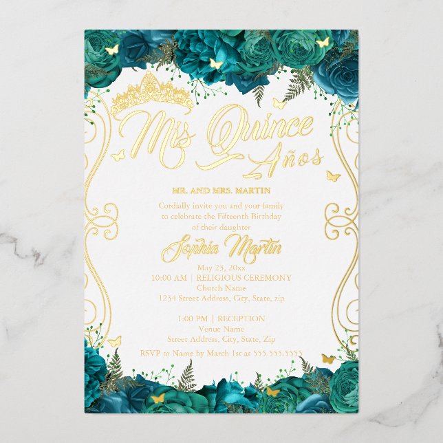 Invitación Con Relieve Metalizado Floral Oro Pergamino Verde azulado Mis Quince Quin (Anverso)