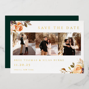 Invitación Con Relieve Metalizado Floral Otoñal Terroso Foto Guardar Fecha