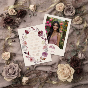 Invitación Con Relieve Metalizado Floral Oval Quinceañera Tiara Rose Gold Photo