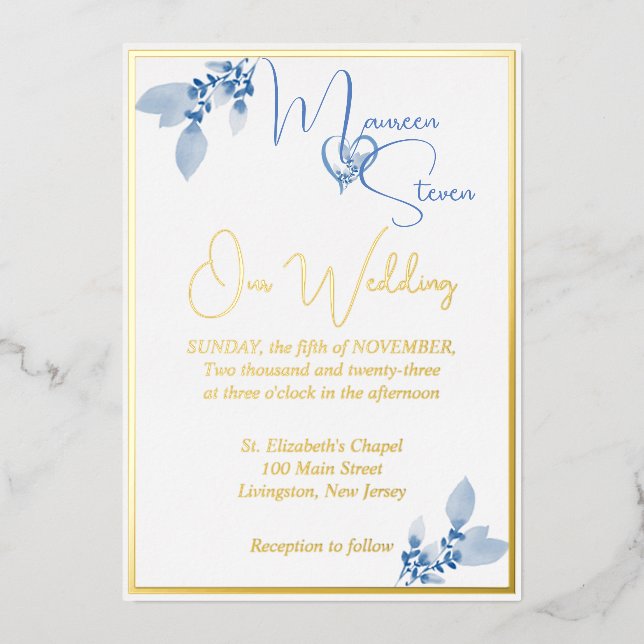 Invitación Con Relieve Metalizado Floral Pastel Azul Boda Oro (Anverso)