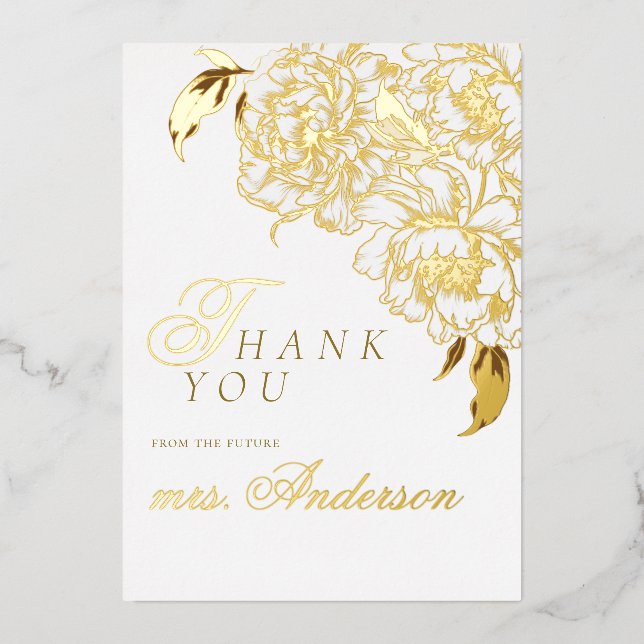 Invitación Con Relieve Metalizado Floral Peonies White Golden Elegal Bridal Shower (Anverso)