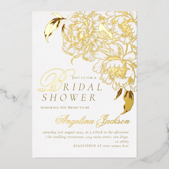 Invitación Con Relieve Metalizado Floral Peonies White Golden Elegal Bridal Shower (Anverso)