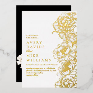 Invitación Con Relieve Metalizado Floral Peonies White Golden Elegant Wedding