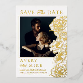 Invitación Con Relieve Metalizado Floral Peonies White Golden Photo Save The Date