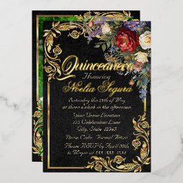 Invitación Con Relieve Metalizado Floral, Photo & Gold Frame - Black Quinceanera 