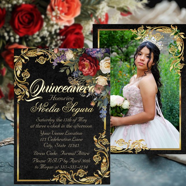 Invitación Con Relieve Metalizado Floral, Photo & Gold Frame - Black Quinceanera  (Subido por el creador)