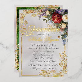 Invitación Con Relieve Metalizado Floral, Photo & Gold Frame - Pearl2 Quinceanera 