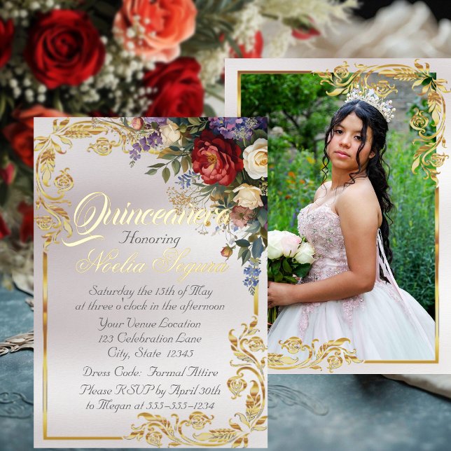 Invitación Con Relieve Metalizado Floral, Photo & Gold Frame - Pearl Quinceanera  (Subido por el creador)