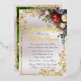 Invitación Con Relieve Metalizado Floral, Photo & Gold Frame - Pearl Quinceanera 