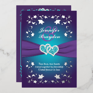 Invitación Con Relieve Metalizado Floral plateada, morado, corazón Verde azulado uni