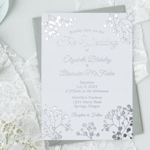 Invitación Con Relieve Metalizado Floral plateado simple sobre elegante boda azul bl