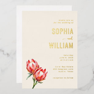 Invitación Con Relieve Metalizado Floral Protea Cremosa Elegante