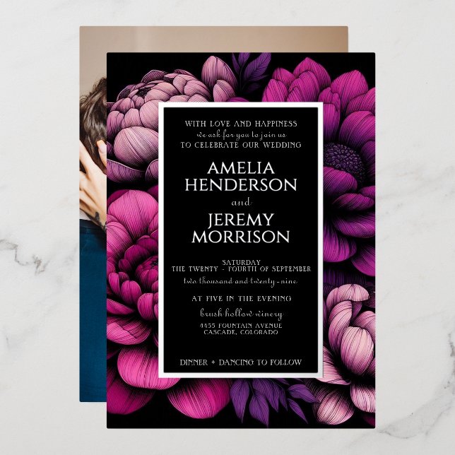 Invitación Con Relieve Metalizado Floral Purple Bold con foto (Anverso/Reverso)