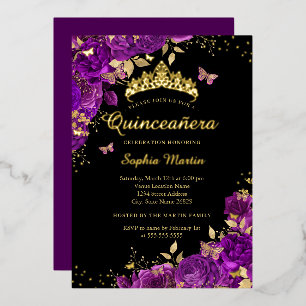 Invitación Con Relieve Metalizado Floral Purple Butterfly Gold Elegante Quinceanera