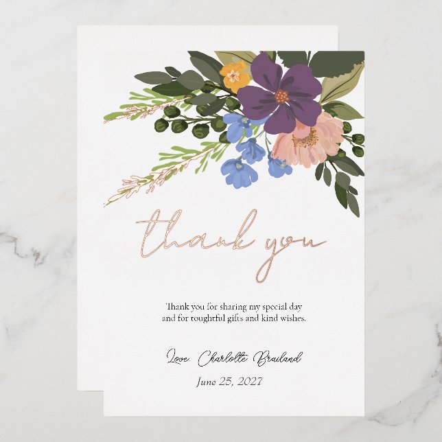 Invitación Con Relieve Metalizado Floral púrpura y vegetación ducha de novia gracias (Anverso/Reverso)