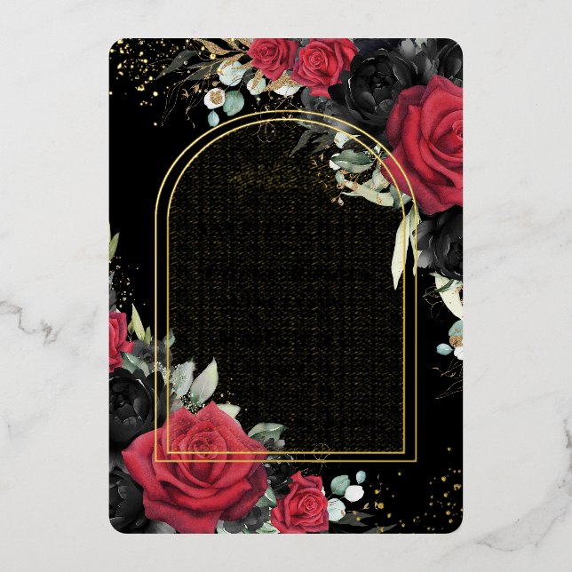 Invitación Con Relieve Metalizado Floral Quinceañera de Rosas rojos salva la fecha (Anverso)