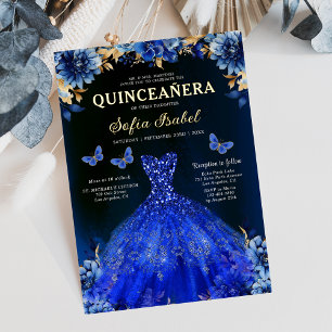 Invitación Con Relieve Metalizado Floral Real Azul Mariposa Princesa Quinceañera