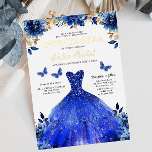 Invitación Con Relieve Metalizado Floral Real Azul Mariposa Princesa Quinceañera