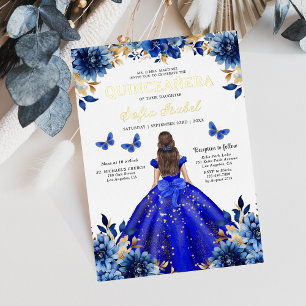 Invitación Con Relieve Metalizado Floral Real Azul Mariposa Princesa Quinceañera