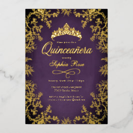 Invitación Con Relieve Metalizado Floral Real Purple Gold Crown Quinceanera