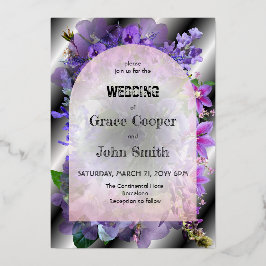 Invitación Con Relieve Metalizado Floral romántica con fondo blanco y negro