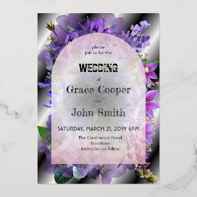 Invitación Con Relieve Metalizado Floral romántica con fondo blanco y negro (Anverso)