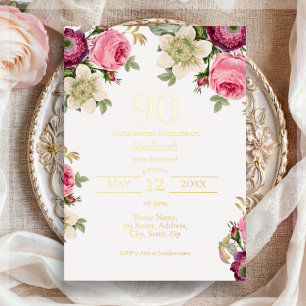 Invitación Con Relieve Metalizado Floral rosa 90.º oro de cumpleaños