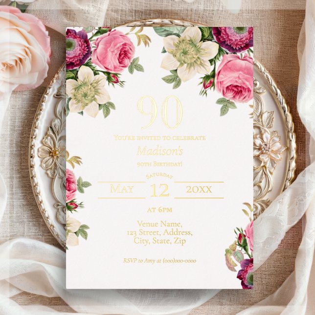 Invitación Con Relieve Metalizado Floral rosa | 90.º oro de cumpleaños (Subido por el creador)