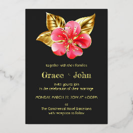 Invitación Con Relieve Metalizado Floral rosa y dorada