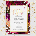 Invitación Con Relieve Metalizado Floral rosa y Relieve metalizado dorado moderno 50<br><div class="desc">Celebra con estilo nuestra moderna y elegante invitación. Un vibrante fondo floral se acentúa con un deslumbrante Relieve metalizado de oro real y una dirección rosa "Cincuenta!" y un lujoso marco de Relieve metalizado dorado que rodea los detalles de tu fiesta de moda en una caja de texto blanca. Sencillo,...</div>