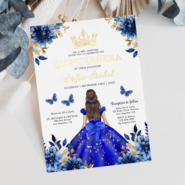 Invitación Con Relieve Metalizado Floral Royal Blue Butterfly Princess Quinceanera (Subido por el creador)