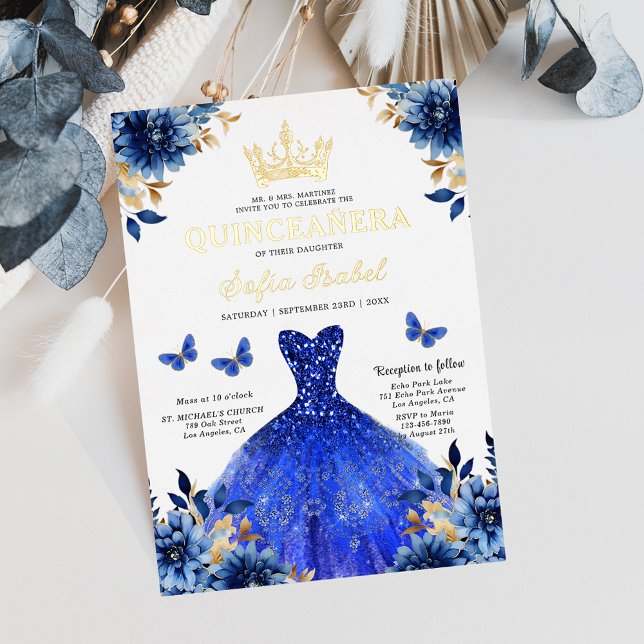 Invitación Con Relieve Metalizado Floral Royal Blue Butterfly Princess Quinceanera (Subido por el creador)