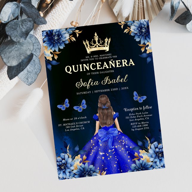 Invitación Con Relieve Metalizado Floral Royal Blue Butterfly Princess Quinceanera (Subido por el creador)