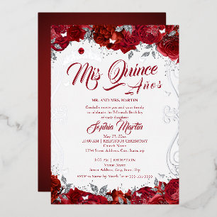 Invitación Con Relieve Metalizado Floral Rubí Plata Rojo Mis Quince Quinceañera