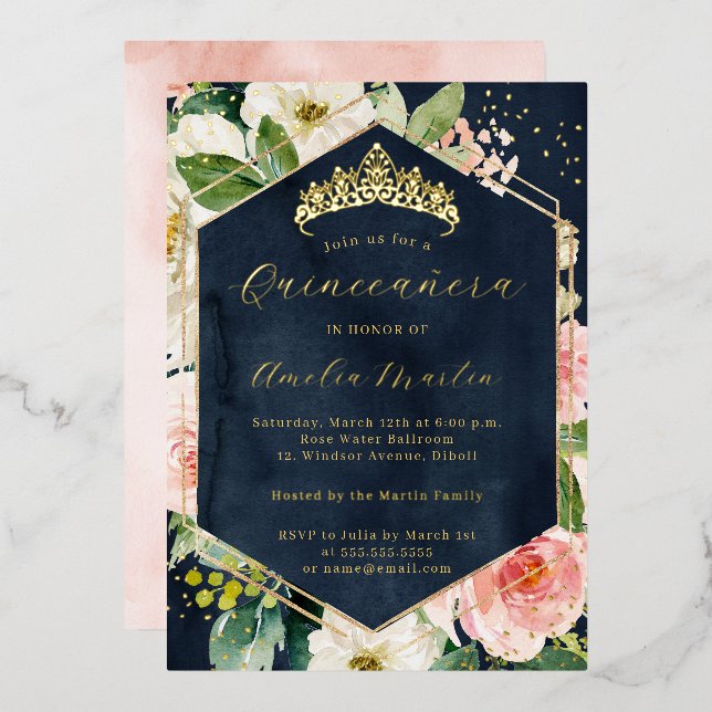Invitación Con Relieve Metalizado Floral Rubor de la Marina Geo moderna Quinceanera (Anverso/Reverso)