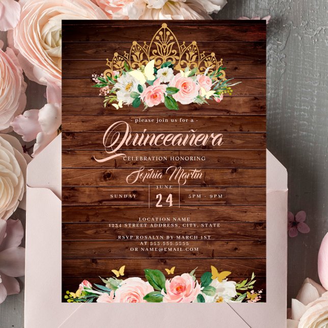 Invitación Con Relieve Metalizado Floral rusa de Rubor Tiara Quinceanera (Subido por el creador)