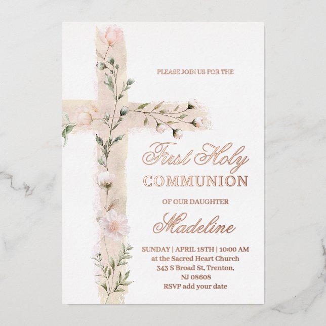 Invitación Con Relieve Metalizado floral Santa Cruz Primera Santa Comunión (Anverso)