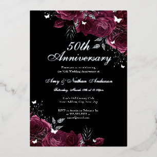 Invitación Con Relieve Metalizado Floral Silver Borgoña 50° aniversario Boda