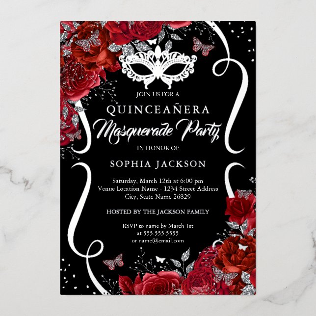 Invitación Con Relieve Metalizado Floral Silver Red Scroquerade Quinceanera (Anverso)
