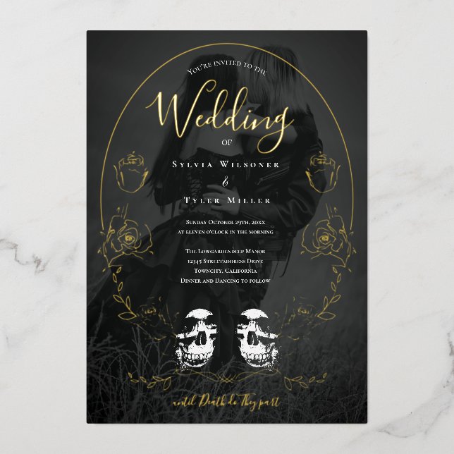 Invitación Con Relieve Metalizado Floral Skull Black Photo Gothic Boda (Anverso)