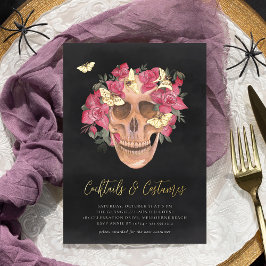 Invitación Con Relieve Metalizado Floral Skull Halloween Fiesta de disfraces y cócte